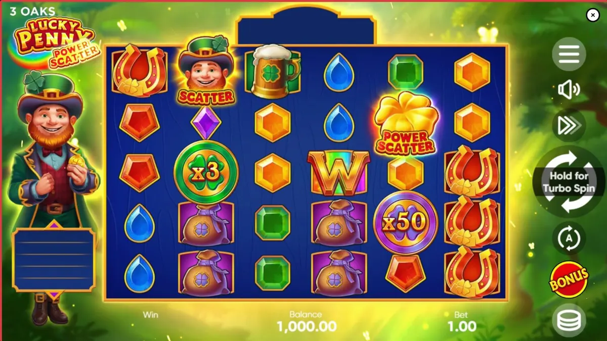 Tampilan visual slot Lucky Penny Power Scatter dengan tema hutan Irlandia dan leprechaun.